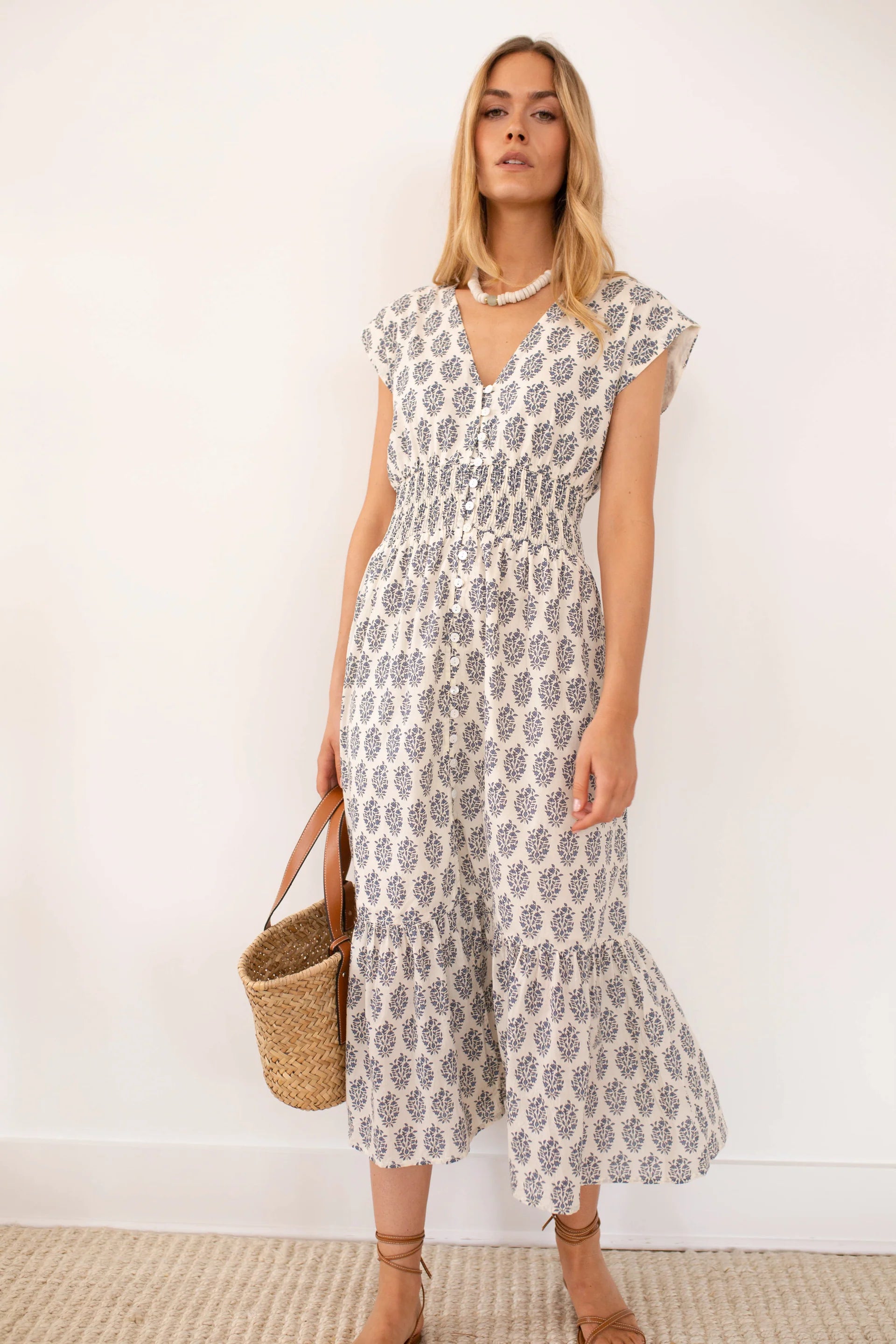 Fiona Dress, Ivory & Indigo Meadow