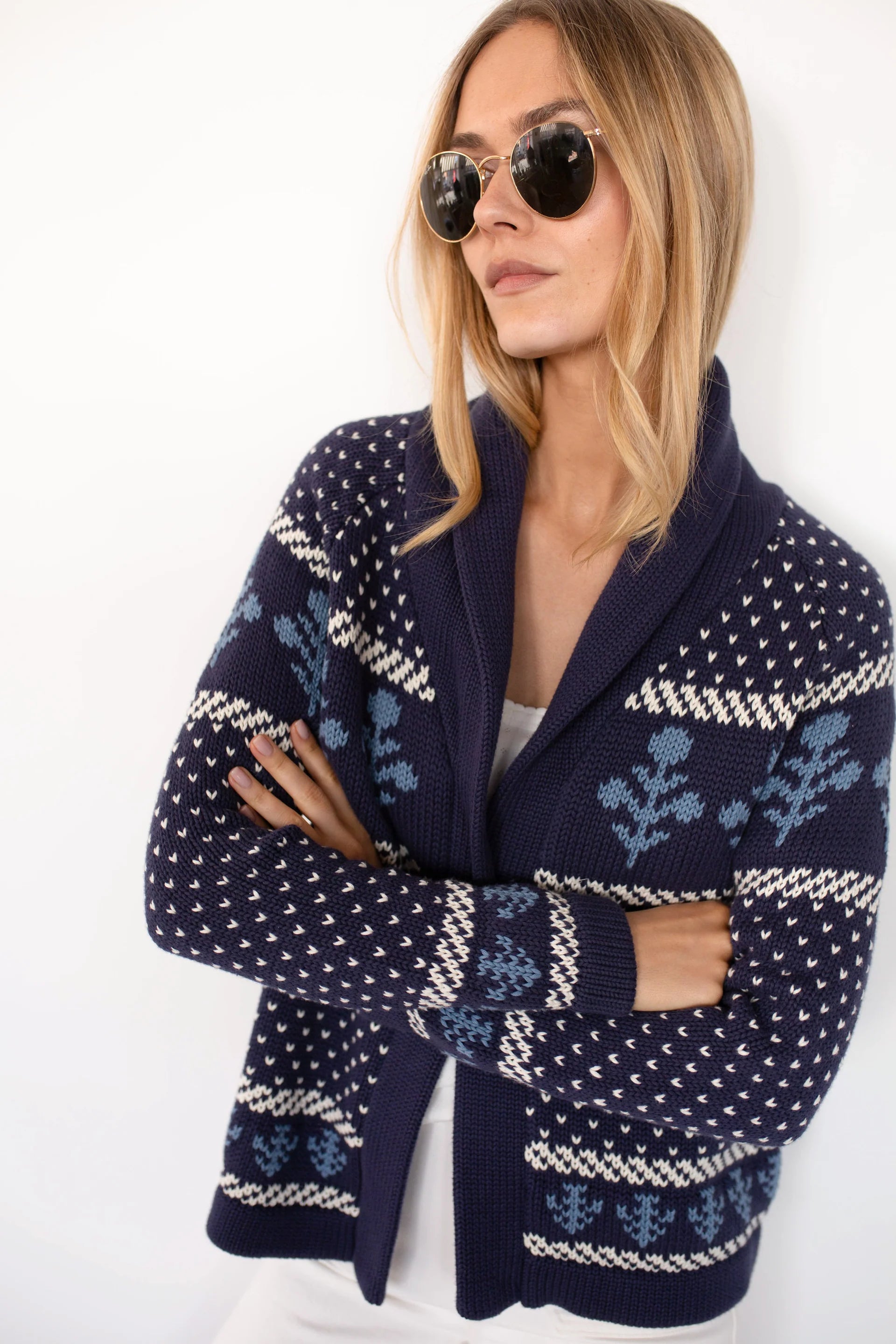 Flower Shawl Cardigan, Navy