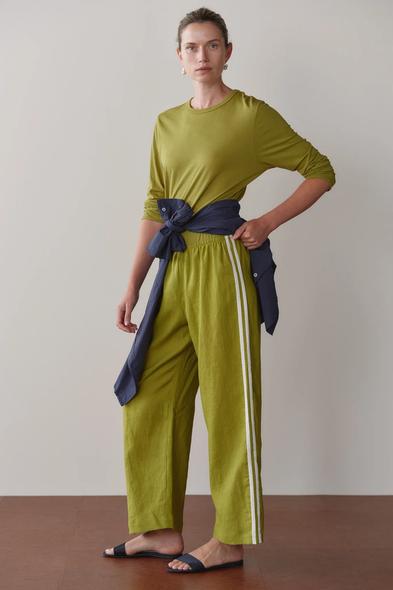 Linen Crop Stripe Pant, Pistachio